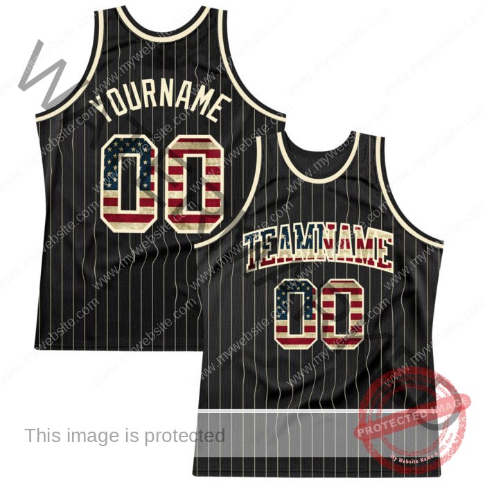 Custom Black Cream Pinstripe Vintage USA Flag-Cream Authentic Basketball Jersey_2